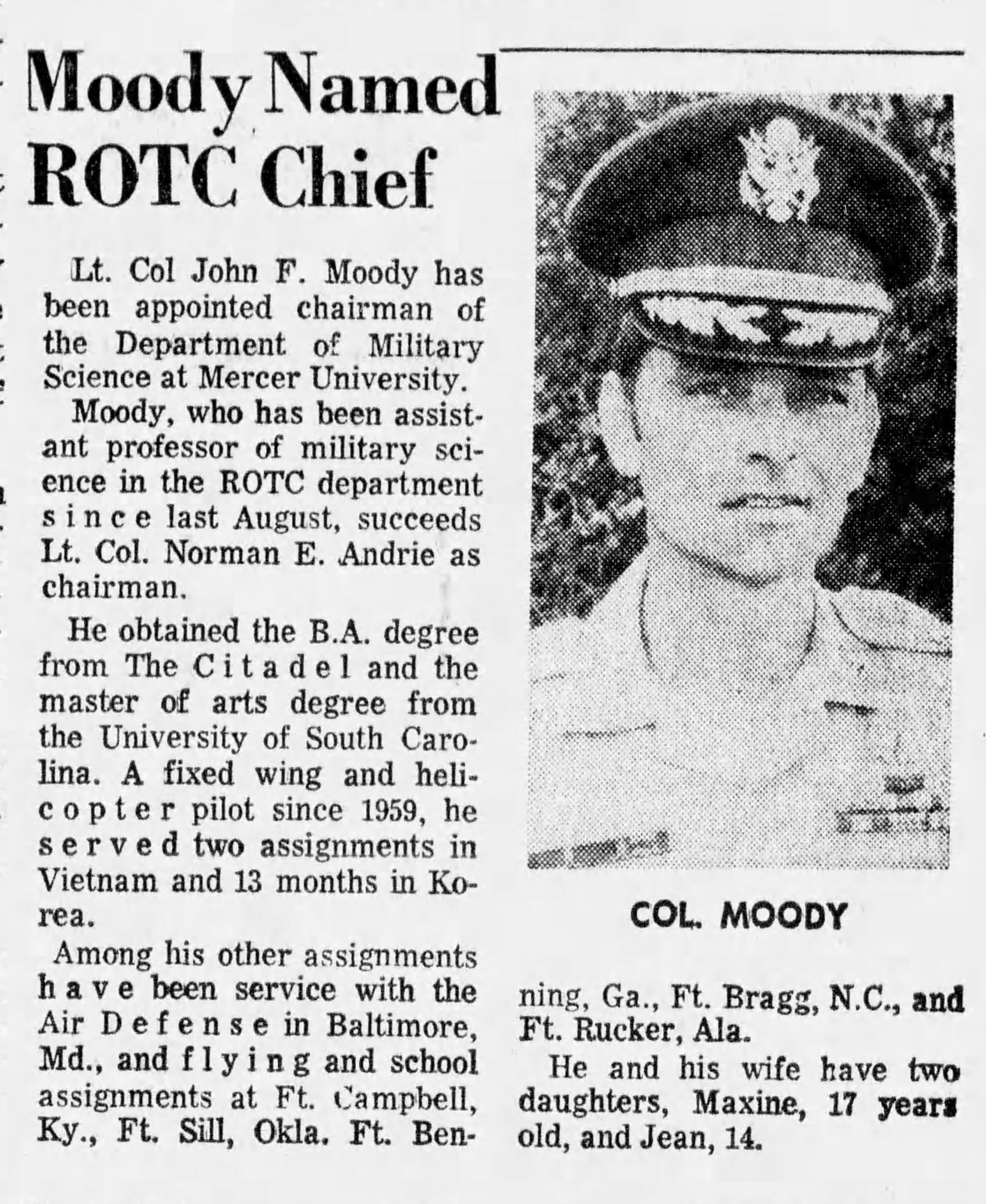 1974 Macon Telegraph clipping about John Fleetwood Moody
